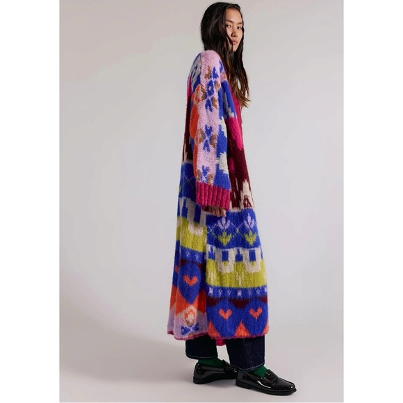 Free People Folk Song Maxi Cardi Small NWT Oversized Sweater Cardigan Fair Isle - Picture 4 of 13
